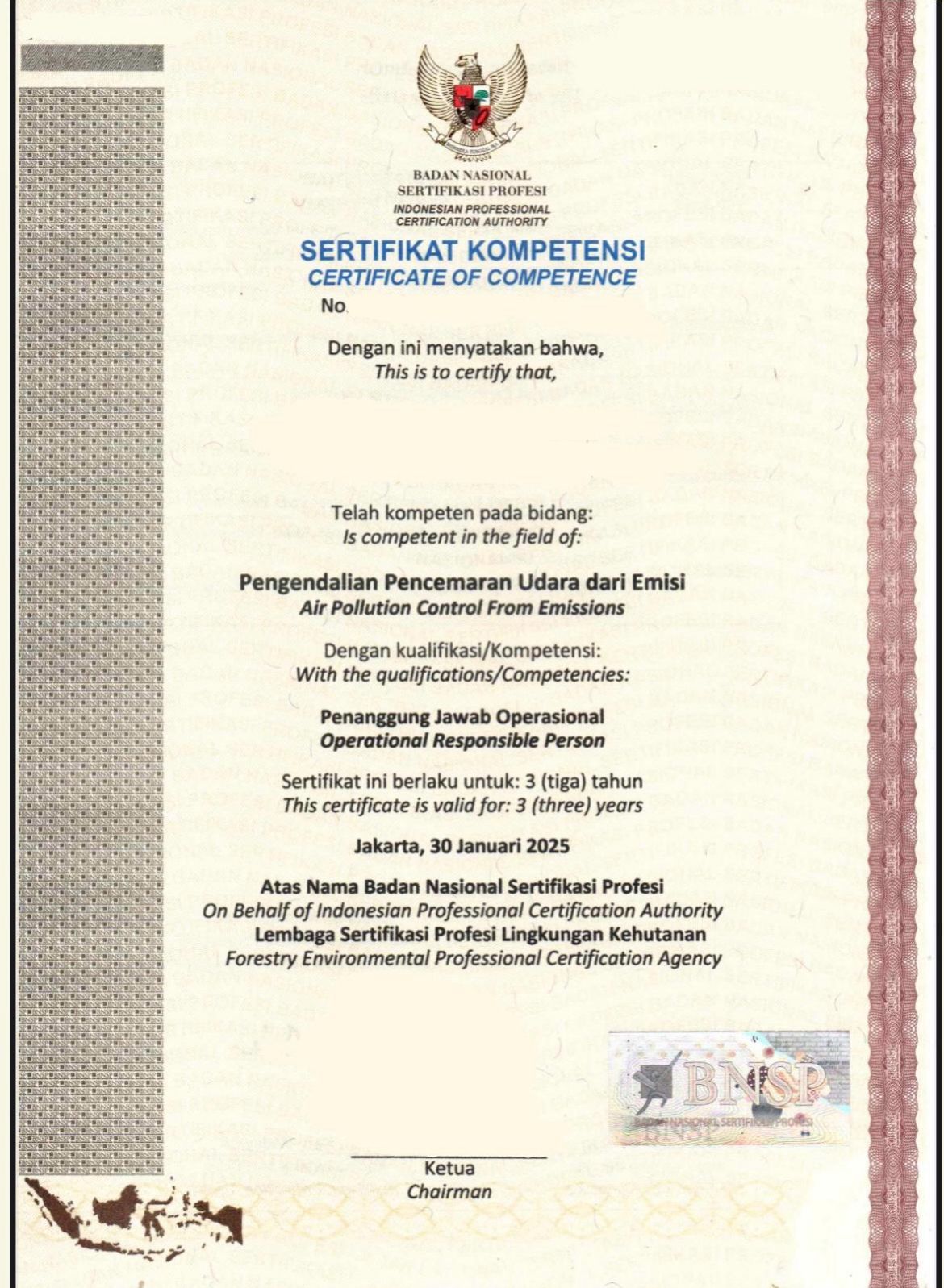 Sertifikat BNSP Depan